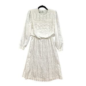 VTG 80s Dress Womens Sm P White Pleated Lace Wedding Secretary Midi Church Lady
